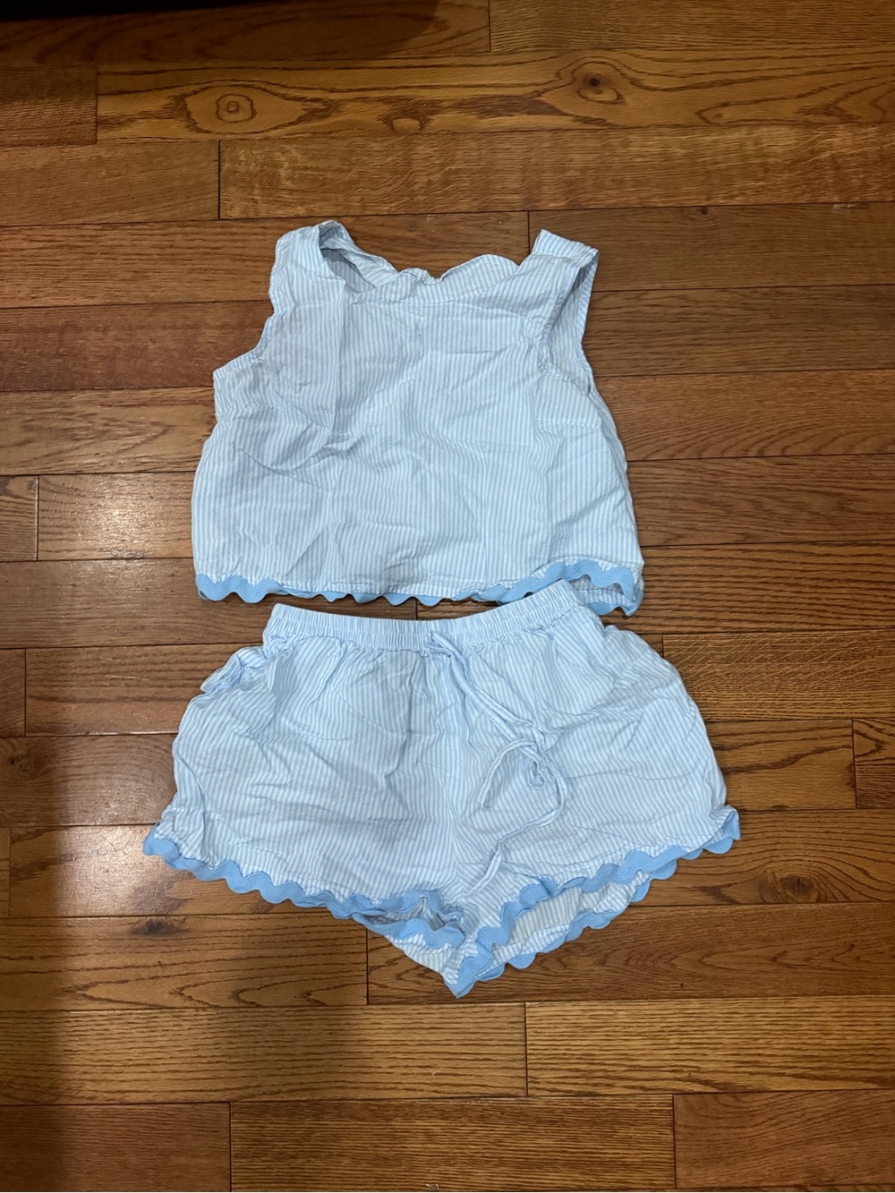 Light Blue Striped Scallop-Trim Set - Tank & Shorts